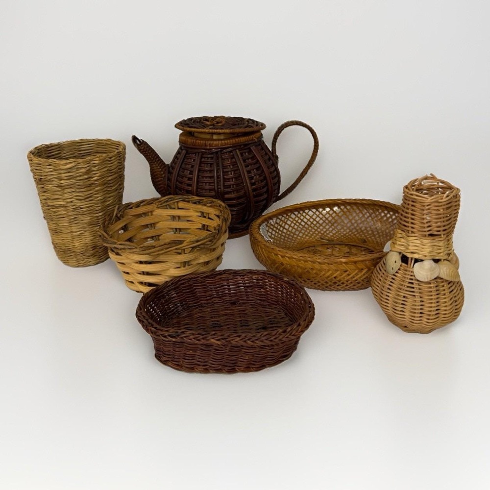 Lot of 6 Vintage Rattan,Wicker, Bamboo Handmade Baskets Boho Cottage Decor